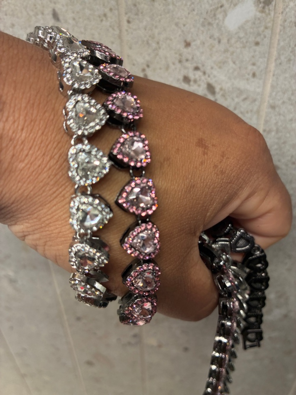 2 Moissainite Heart Crystal Necklace - Pink and Clear